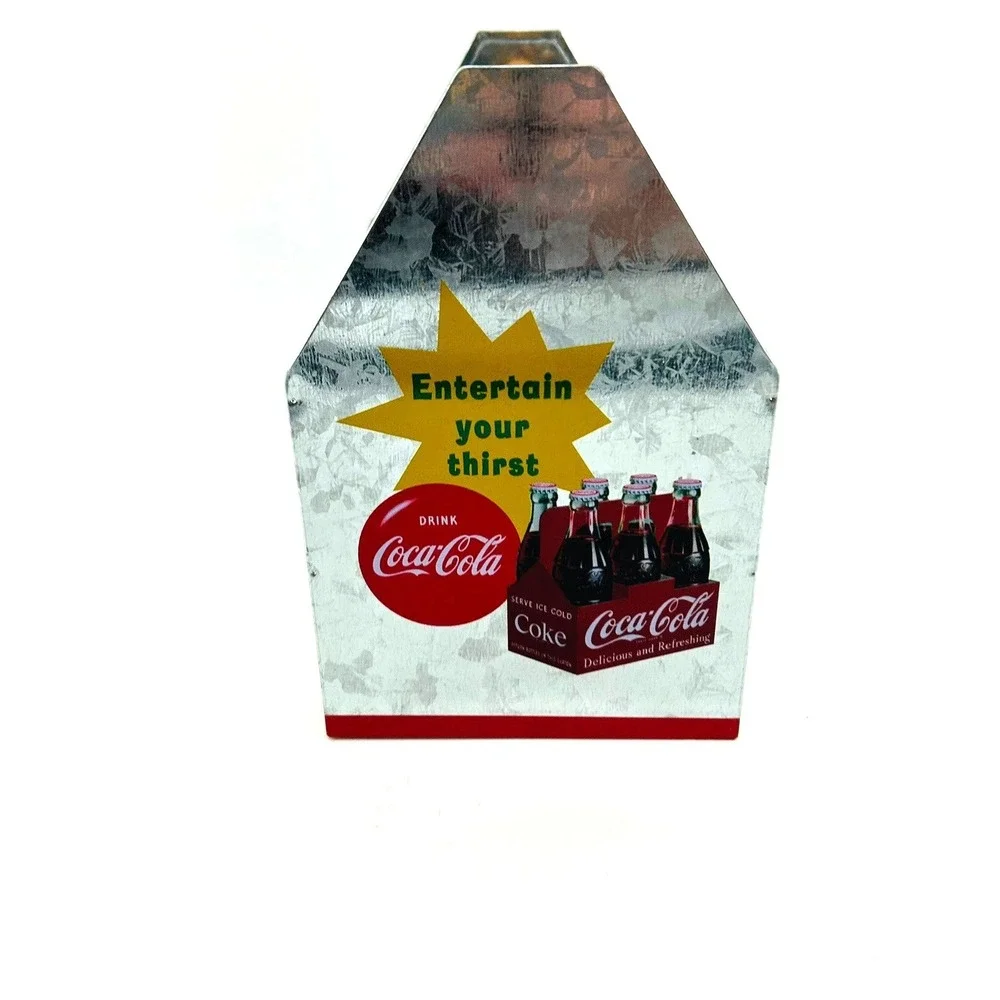 Coca Cola Galvanized Metal Tin Caddy Wooden Handle Thirst Stops Here Retro Decor